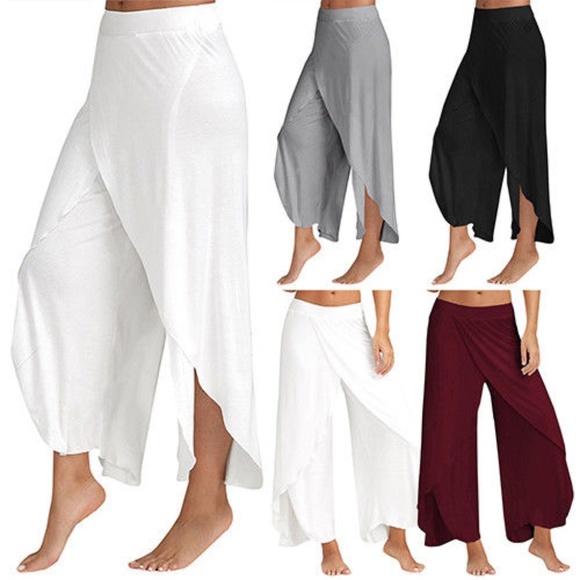 VICABO Pants - NEW HAREM SLIT LEG FLARED PALAZZO YOGA PANTS BLACK